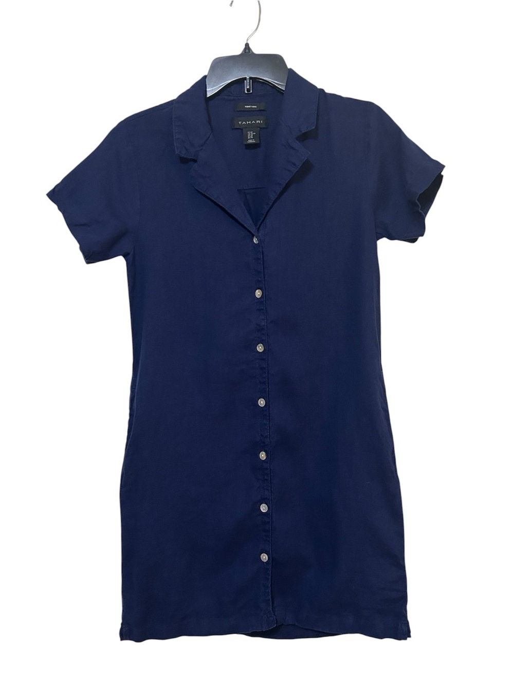 Tahari ASL 100% Linen Short Sleeve Button Front Shirt Dress XS Navy